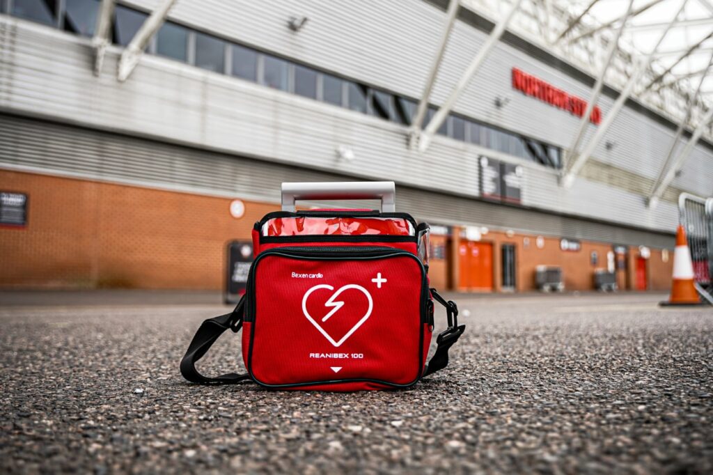 image outside St Mary's stadium in Southampton with defibrillators in focus